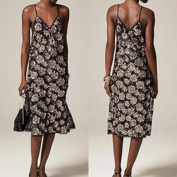 J. Crew Collection Black Gold Sequin Slip Midi Dress - Picture 1 of 16